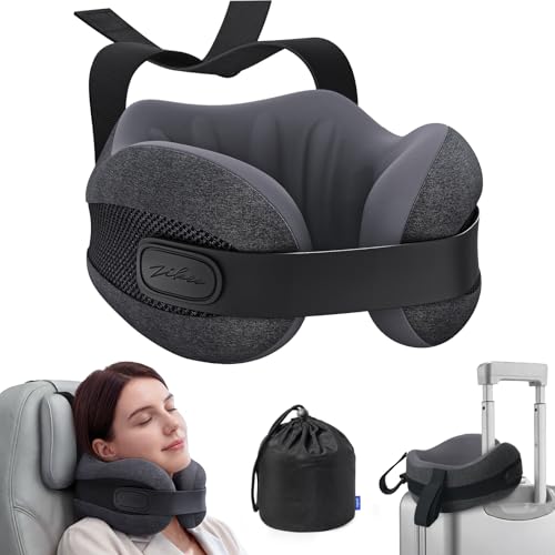 ZIKEE Dual-Layer Memory Foam Neck Pillow for Airplane, Travel Pillow with Seat Straps to Secure Head & Neck, Ergonomic Ear-Friendly Neck Pillow for Traveling with Breathable Vent Holes, Airy Cover