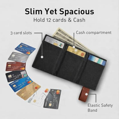 LIGHT FOLD Ultra Slim Tri-Fold Wallet with RFID Blocking, Lightweight Minimalist Men’s Wallet with Elastic Band, Waterproof Durable Nylon Fabric, Slim Front Pocket Card Holder Fits 12 Cards & Cash - color: Dark Brown