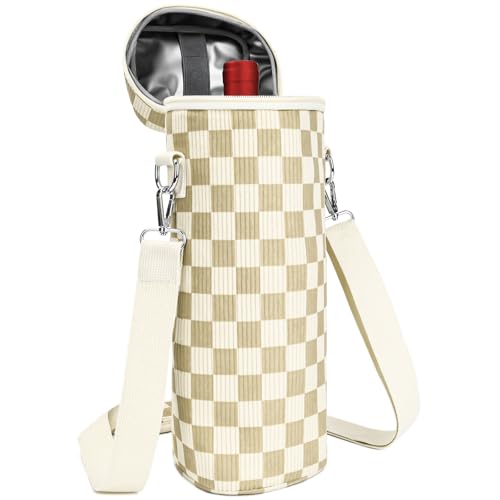Insulated Wine Bag - Wine Bottle Carrier Tote Cooler Bags for Gifts Travel Picnic Beach, Khaki Checkered Pattern - 1 Bottle - color: Khaki Checkered Pattern, size: 1 Bottle