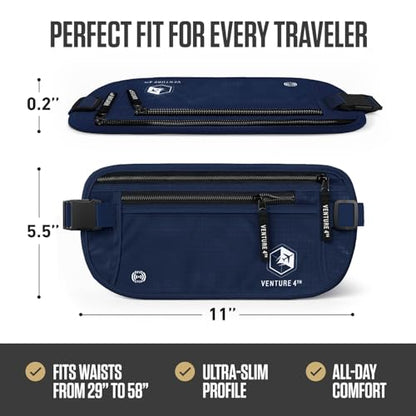 VENTURE 4TH Money Belt for Travel – Slim Hidden Under-Clothes RFID Blocking Anti-Theft Passport Holder & Travel Wallet Pouch for Men & Women to Protect Cash, Cards & Documents (Navy Blue) - color: Navy Blue