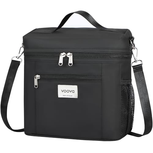 Voova Lunch Bag for Men and Women, Insulated Lunch Box with Shoulder Strap, Adult Reusable Lightweight Nylon Waterproof Lunchbox Lunch bags for Work, Black - color: Black