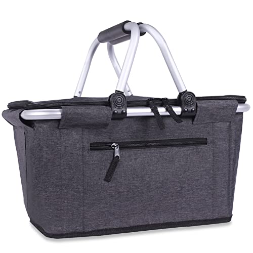 Picnic Basket, SIYUAN Collapsible Shopping Basketwith Lid 27L Large Market Basket with HandlesReusable Folding Grocery Basket Insulated CoolerBag for Picnic Travel, Black - color: Black