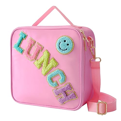 Insulated Lunch Bag With Adjustable Shoulder Strap, Nylon Preppy Lunch Box Large Insulated Lunch Bag Reusable Lunch Tote Bag with Smiley Preppy LunchBag for Girls School Travel Picnic (Pink) - color: Pink