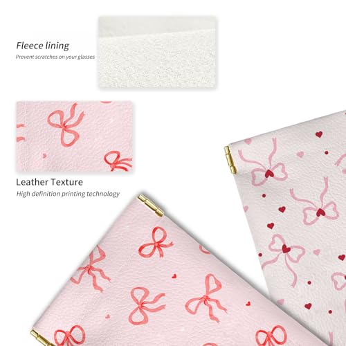 Glasses Case Soft, Eyeglass Cases for Women Portable Squeeze Top PU Leather 2 Pack Glasses Pouch with Cleaning Cloth - color: 2pcs Bow Heart Print
