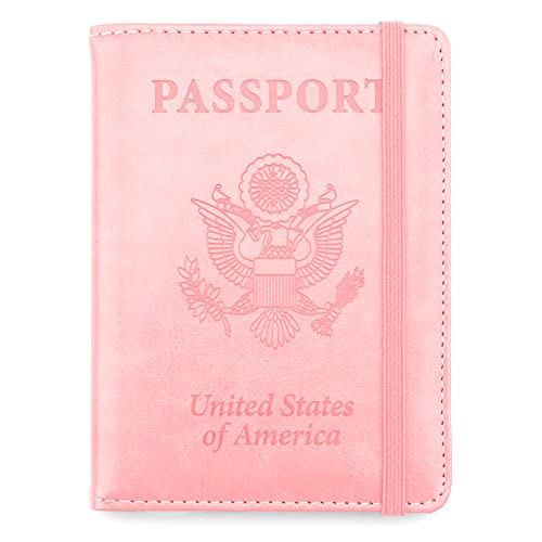 Passport Holder for Travel, Leather Passport Holder RFID Blocking Passport Cover Wallet Passport Case with Pen Holder Passport Holders for Travel Women Men Family Travels Must Haves Essentials, Pink - color: Pink