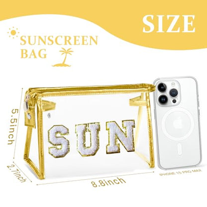 COSHAYSOO Sunscreen Bag Clear Makeup Toiletry Pouch Beach Vacation Essentials for Women Teen Girls Trip Gifts Summer Pool Travel Must Have Accessories Waterproof Stuff - color: Golden-SUN