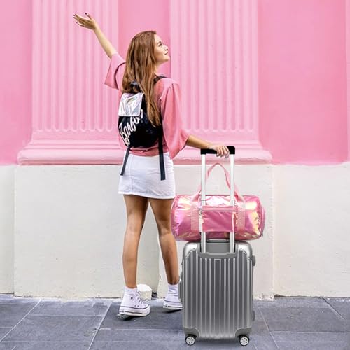 Gym Bag Sports Duffle Bag with Wet Pocket Weekender Overnight Bag with Waterproof Shoe Pouch and Air Hole for Girls Kids Women Travel Foldable Bag - color: W-Pink
