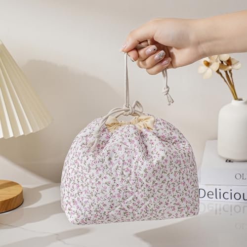uekeboag Cotton Quilted Seersucker Makeup Bag with Canvas Lining,Coquette Aesthetic Cute Travel Toiletry Bag,Drawstring Gift Bag for Women and Girls（Pinkfloral） - color: Pinkfloral