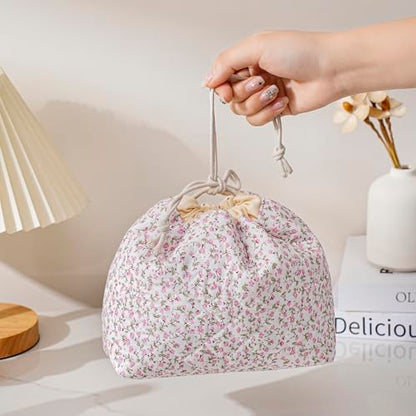 uekeboag Cotton Quilted Seersucker Makeup Bag with Canvas Lining,Coquette Aesthetic Cute Travel Toiletry Bag,Drawstring Gift Bag for Women and Girls（Pinkfloral） - color: Pinkfloral
