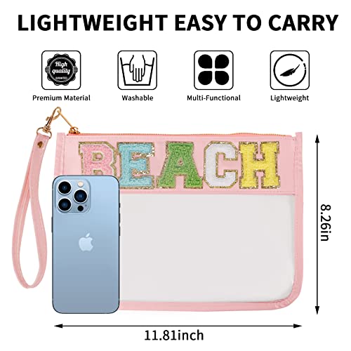 Iqimott Chenille Letter Clear Bag Beach Pouch, Monogram PVC & PU Makeup Cosmetic Bag Zipper Toiletry Pouch, Waterproof Portable Travel Snack Wristlet Bags for Women Girls(Beach, Pink) - color: Beach-Pink