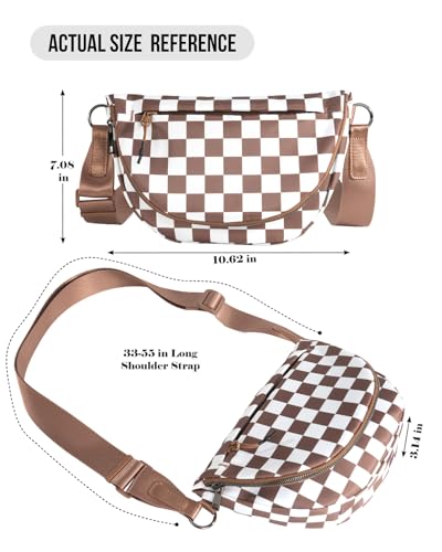 Crescent Bag for Women and Men, Fashion Medium Nylon Folding Crescent Moon Bag Single Shoulder Bag with Adjustable Strap - color: Crossbody bag- Brown Checkered