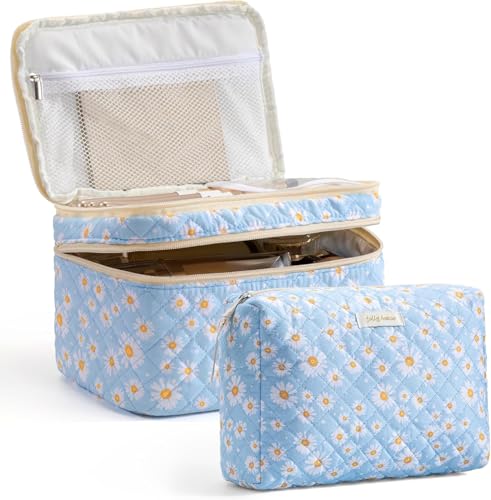 HBselect 2Pcs Travel Makeup Bag, Large Cotton Quilted Makeup Bag Cosmetic Bag Cute Make up Bag Toiletry Bags for Women Girls - color: 2PCS-DAISY