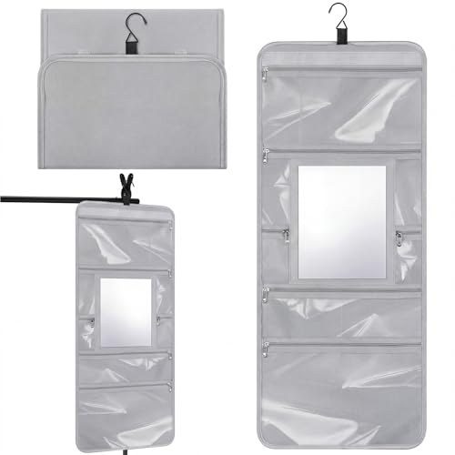 Hanging Toiletry Bag with Mirror for Women Hanging Mirror for Dance Bags Travel Large Foldable Dance Bag Organizer Storage Waterproof Cosmetic Case Accessories for Bathroom(Light Gray) - color: light gray