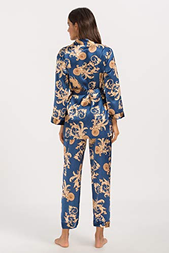 Escalier Women's Silk Satin Pajamas Set 3 Pcs Floral Silky Pj Sets Sleepwear Cami Nightwear with Robe and Pant - color: Navy, size: Large