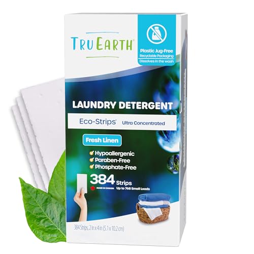 Tru Earth Compact Dry Laundry Detergent Sheets, Bulk, up to 768 Loads (384 Count) - Paraben-Free - Original Eco-Strip Liquidless Detergent, Travel Sheets - Fresh Linen - size: 384 Count (Pack of 1)