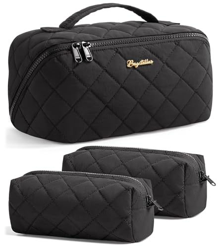 Travel Makeup Bag, 3 Pcs Large Capacity Puffy Toiletry Bag for Women, Open Flat Quilted Make up Cosmetic Organizer w/Handle & Clear Divider Water-resistant Portable Pouch Travel Essentials, L-Black - color: Black, size: large