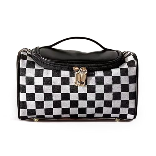 Vintage Makeup Bag for Women Portable Retro Checkered Pattern Cosmetic Organizer Patchwork Style Pillow Storage Pouch Skincare Storage Bag Large Capacity Elegant Handheld Waterproof Handbag (Black) - color: Black