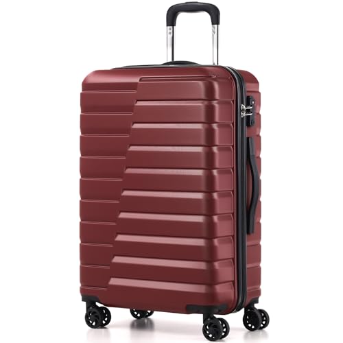 Coolife Medium Checked Luggage with Spinner Wheels, Hardside Suitcase TSA Lock Lightweight Travel Luggage 24-inch,Wine Red - color: wine red, size: Medium(24in)
