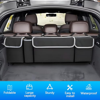 Car Trunk Organizer with Lid, Large Waterproof Vehicle Backseat Hanging Storage Bag with 4 Pockets & Adjustable Straps, Collapsible Automotive Interior Cargo Bag, Universal Fit (Black) - color: Black