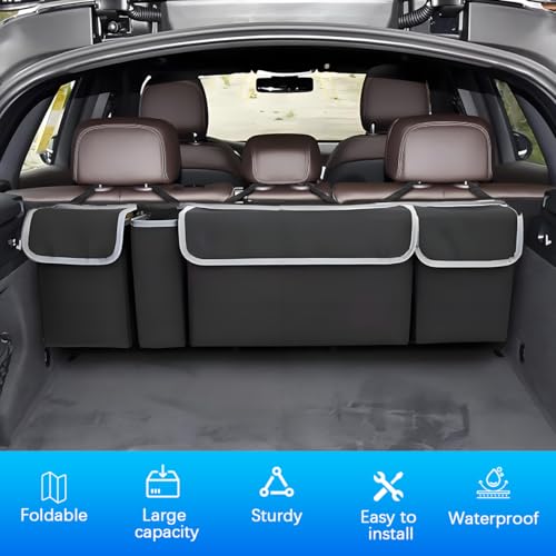 Car Trunk Organizer with Lid, Large Waterproof Vehicle Backseat Hanging Storage Bag with 4 Pockets & Adjustable Straps, Collapsible Automotive Interior Cargo Bag, Universal Fit (Black) - color: Black
