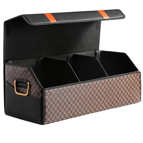 Fyzeoty Car Organizers and Storage - Trunk Organizer for Suv Car,Car Trunk Leather Storage Box,Extra Large,Magnetic Lid,Collapsible and Adjustable - color: OrangeStripe-Checkered, size: Extra Large
