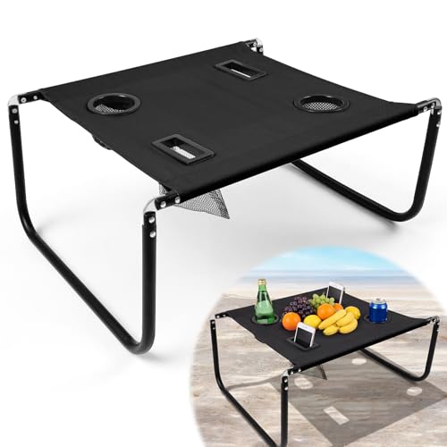 Portable Beach Table Foldable Camping Picnic Table with Cup Holder and Phone Pockets Lightweight Stable for Tailgate Travel Fishing Hiking and Outdoor Adventures(Black,Solid Pattern) - color: Black