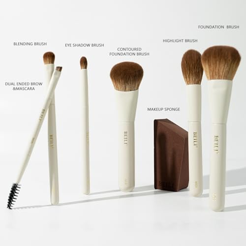 BEILI Mini 6Pcs Makeup Brush Set – Elegant Off White, Professional Travel Brushes for Foundation, Contour, Highlighter & Blending, with Sponge and Gift Box - color: Off White