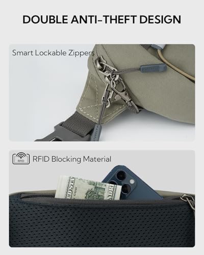 WATERFLY Lightweight Small Fanny Pack: 1.5L Mini Slim Crossbody Waist Belt Hip Bag with RFID Blocking, Anti-Theft & Water Resistant Pouch for Women Men Travel Hiking Running Walking EDC - color: Gray-Green
