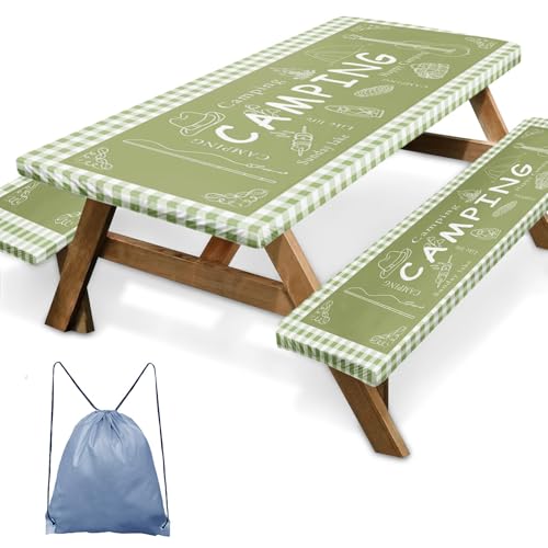 Picnic Table Cover with Bench Covers Elastic Edges, Green Camper Fitted Table Cover, Outdoor Patio Camping Essentials 72 Inch 3PCS, Waterproof Camping Fitted Tablecloth with Drawstring Bag - color: Green, size: 72in