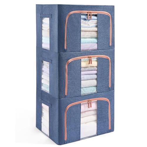 GuliPostan 3 Pack 24L Stackable Clothes Storage Bins with Metal Frame Handles & Zipper, Collapsible Closet Organizer Box with Lid for Bedding Blankets Towel (Navy) - color: Navy, size: Small-24L (3 Pack)