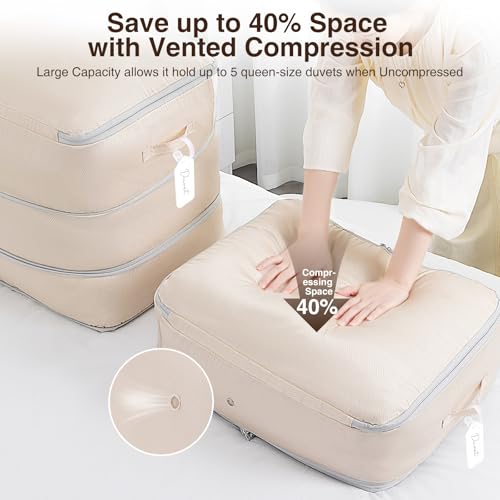 Homsorout 4 Pack Compression Storage Bags - 110L Large Capacity Comforter Storage Bag, 3-Layer Washable Ultra Space Saving Self Compression Organizer Space Bags for Blankets, Sweaters, Sheets, Beige - color: Beige, size: 110L-4 Pack