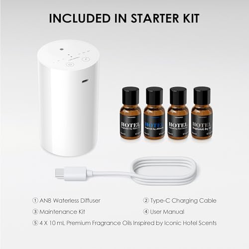 Airversa Waterless Essential Oil Diffuser Starter Kit with 4 x 10mL Hotel Scent Fragrance Oil, Battery Operated Mini Scent Air Machine Portable Diffuser for Home Car Office, AN8 Kit White - color: A White