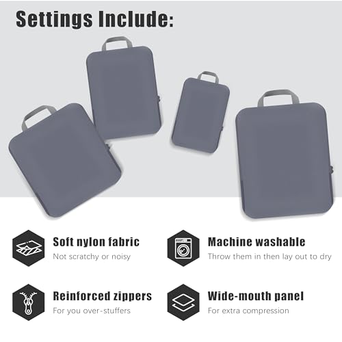 PANDA JOYS 4 Set Compression Packing Cubes Travel - Travel Accessories Expandable Packing Organizers for Carry On - Essentials Luggage Bags - Dark Grey - color: Dark Grey