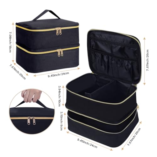 Double Layer Makeup Bag Portable Large Cosmetic Case Organizer with Adjustable Dividers Storage Travel Bag for Accessories Brushes Conditioner and Skin Care Products (Black)