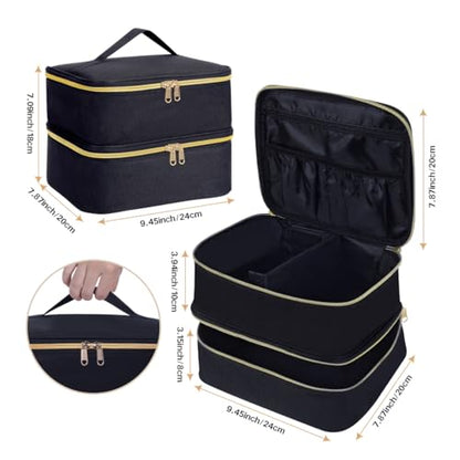 Double Layer Makeup Bag Portable Large Cosmetic Case Organizer with Adjustable Dividers Storage Travel Bag for Accessories Brushes Conditioner and Skin Care Products (Black)