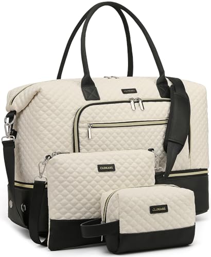 Weekender Bags for Women Travel, Under Seat Carry On Bags for Airplanes Overnight Bag with Shoe Compartment Luggage Sleeve, Foldie Travel Tote Bag Hospital Bag, Travel Gifts, White Black - color: White Black, size: Medium