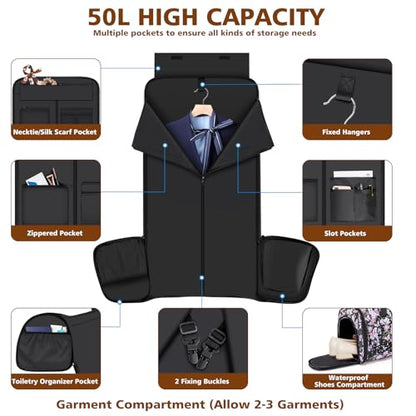 Rolling Garment Bags for Travel - Carry on Convertible Garment Duffle Bags with Wheels for Men Women, 4 in 1 Large Travel Duffel Bags with Shoes Compartment Hanging Suit Dress Weekender Bag 4pcs Set - color: Purple Black