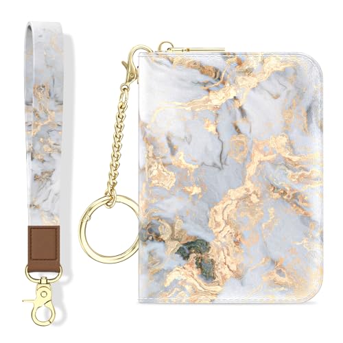Aiawoxc Credit Card Holder, Small RFID Wallet Slim Leather Card Organizer Case with Zipper and Wristlet Strap, Grey Marble - color: B-Grey Marble, size: Wrist Strap