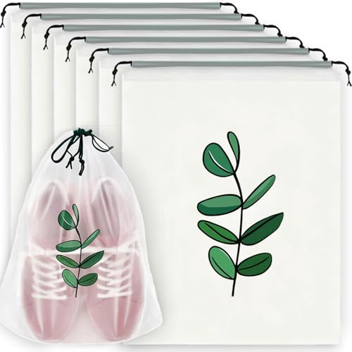 6PCS Clear Shoe Bags for Travel, Eucalyptus Leaf Pattern Travel Shoe Bags, Drawstring Shoe Travel Bags for Packing and Storage, Waterproof & Dustproof (15.7” x 11.8”) - color: Eucalyptus Pattern, size: 6PCS