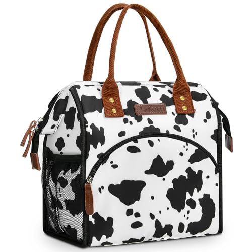 LOKASS Lunch Box for Women-Insulated Adults Lunch Bag with Front Pocket-Cute Lunch Tote for Work-Reusable Cow Print Cooler Bag for Office Picnic Beach or Travel - color: Cow