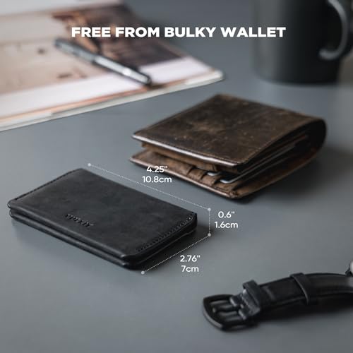 VULKIT Slim Minimalist Card Holder RFID Blocking Leather Credit Card Holder Front Pocket Wallet Magnetic Closure, Handcrafted Cowhide Version - color: Handicrafts Cowhide- Black