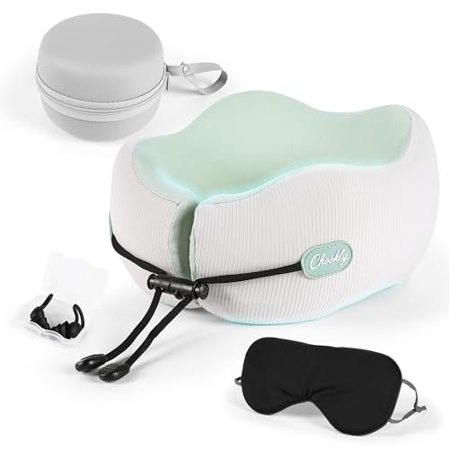 Memory Foam Travel Neck Pillow for Airplane Travel, Head and Chin Support, Adjustable Strap, Washable Cover, Carry Case