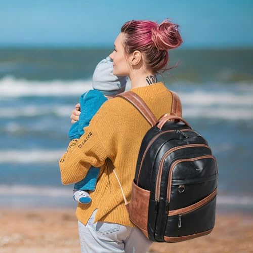LATMAP Backpack for Women Men - Vegan Leather Backpack Purse Travel Carry-on Bag College Bookbag Work fits 16.5" Laptop,Black&Brown - color: Black&brown