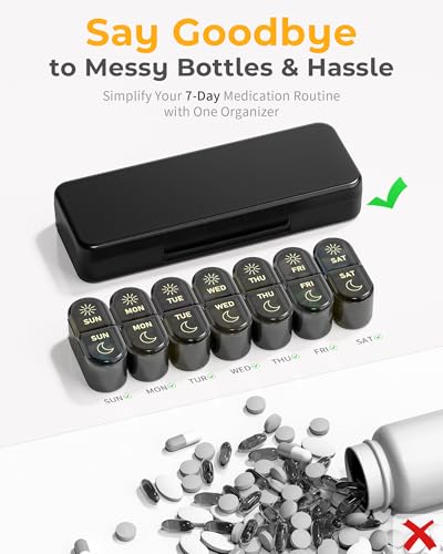 Pillex AM & PM Pill Organizer 7 Days, Weekly Pill Case 2 Times a Day, Pill Box 7 Day, Medicine Pill Organizer for Travel, Vitamins, Fish Oils, Supplements - color: Black