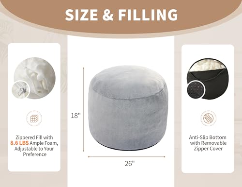 WSOFRLAC Boho Ottoman Living Room Furniture 26"x18" Large Round Ottomans Pouf Couch Foot Rest Grey Pouf Ottoman Foot Rest with Foam Chunk Filling Pouffe Ottomans Stuffed Foot Rest Poufs for Couch - color: Light Grey, size: 26"D x 26"W x 18"H