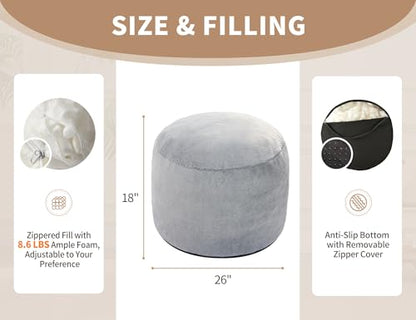 WSOFRLAC Boho Ottoman Living Room Furniture 26"x18" Large Round Ottomans Pouf Couch Foot Rest Grey Pouf Ottoman Foot Rest with Foam Chunk Filling Pouffe Ottomans Stuffed Foot Rest Poufs for Couch - color: Light Grey, size: 26"D x 26"W x 18"H