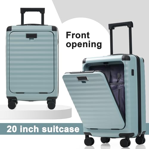 Merax Luggage Sets Front Opening, 3 Piece Hardshell Suitcase with Spinner Wheels and Bags,Lightweight Carry on Luggage with USB Port and Cup Holder,20+24+28,Light Blue - color: Light Blue, style: Front Open-20/24/28