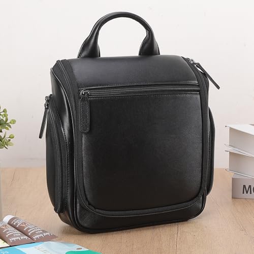 Masa Kawa Leather Hanging Travel Toiletry Bag for Men Portable Expandable Camping Cosmetics Makeup Toiletries Organizer Waterproof Bathroom Shaving Kit Black Wash Bags - color: Black