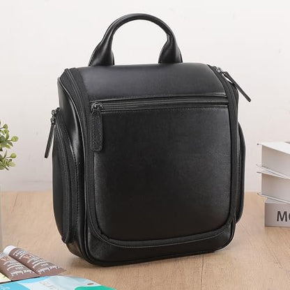 Masa Kawa Leather Hanging Travel Toiletry Bag for Men Portable Expandable Camping Cosmetics Makeup Toiletries Organizer Waterproof Bathroom Shaving Kit Black Wash Bags - color: Black