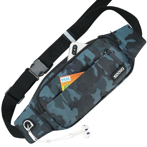 SINNO Large Crossbody Fanny Pack for Women Men Belt Bag With 4-Zipper Pockets for Travel Running Hiking Workout Dog Walking Outdoors Sport Fishing Waist Pack Bag Carrying All Phones - color: Camo Black(4 Zipper Pockets)